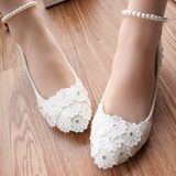 水钻婚鞋夏平底新娘鞋中跟低跟伴娘鞋韩版白色蕾丝花朵高跟演出鞋