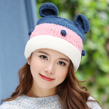 毛线帽子女 冬天韩版加绒加厚可爱猫耳朵护耳针织帽 冬季保暖帽潮