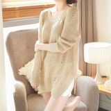 早秋新品韩版女装套头镂空金丝线衣打底中长款不规则宽松薄针织衫
