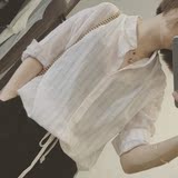韩版学院风竖条纹立领薄七分袖衬衫 小清新宽松学生衬衣女潮夏装