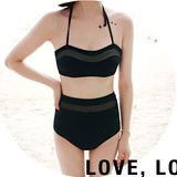 韩国代购2015夏季新款时尚个性感黑色抹胸三角高腰分体泳衣比基尼