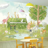 手绘水彩卡通墙纸儿童房卧室床头背景墙壁纸小动物清新幼儿园壁画