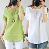 棉麻短袖t恤 女式衬衫学生韩版夏装衬衣亚麻女装上衣麻料衣服女装