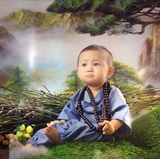 新款儿童摄影服装 /百天宝宝主题照相蓝色长袖古装/小和尚佛珠