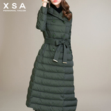 XSA2015英伦品牌冬装大码双排扣连帽过膝长款羽绒服女加厚外套黑