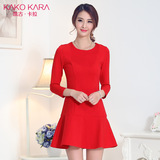 明星同款品牌韩版女装 红色修身连衣裙春款 圆领长袖荷叶边打底裙