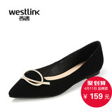 Westlink西遇春新款优雅羊皮尖头水钻金属扣饰套脚平底单鞋女鞋