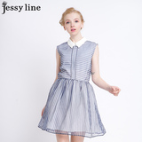 杰西莱jessy line2016夏装新款杰茜莱正品条纹显瘦百搭刺绣连衣裙