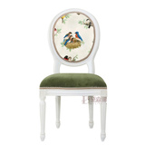 美式乡村圆背创意花鸟图案实木餐椅 白色布艺欧式仿古书桌椅定制