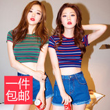 夏装韩版新款性感条纹露脐短袖T恤时尚短款紧身打底衫大码上衣潮