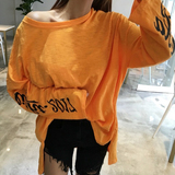 现货韩国东大门代购女装2016夏装新款宽松字母袖侧开叉长袖T恤dn