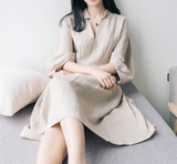 韩国代购女装夏季新款韩版复古名媛气质显瘦V领棉麻中长款连衣裙