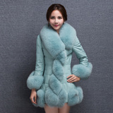 2015新款羽绒棉服PU皮羊皮狐狸毛领中长款显瘦皮草外套加厚大衣女
