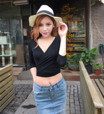 夏季女装新韩版性感深V领系带七分袖上衣紧身短款露腰露脐t恤舞蹈