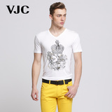 VJC/威杰思2016夏季新品男装莫代尔V领T恤男士修身印花短袖T恤衫