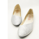 促销新款韩版结婚鞋小白鞋 片银色金色尖头平底大码单鞋伴娘婚鞋