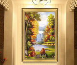 纯手绘油画欧式风景客厅有框装饰画聚宝盆山水玄关画走廊竖式挂画