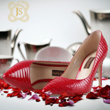 JESSICA SOPHIA红色蛇皮单根高跟鞋婚鞋细跟尖头时尚性感女鞋单鞋