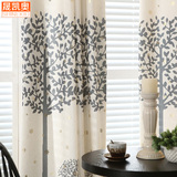 现代中式烫金雪花树亚麻印花半遮光客厅落地窗 定制窗帘成品布艺