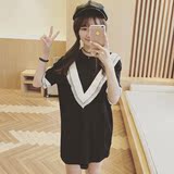 韩版2016夏季新款 雪纺蕾丝拼接宽松圆领短袖t恤裙女生学院连衣裙