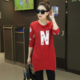 2016春装新款韩版女装长袖t恤女中长款打底衫 修身显瘦字母上衣