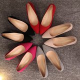 2016春韩版中跟粗跟高跟鞋尖头浅口绒面时尚显瘦女单鞋红色婚鞋潮