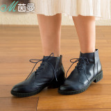 茵曼女鞋冬季新款马丁靴真皮中跟厚底裸靴女短靴子854180116