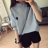 韩国夏季2016女装日系清新学生宽松细条纹卡通小标立领五分袖衬衫