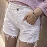 夏季大码牛仔短裤女装韩版学生高腰白色磨边破洞修身宽松显瘦热裤