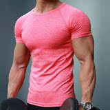 男士夏季紧身衣运动健身服短袖T恤训练弹力速干衣圆领纯色背心衫.