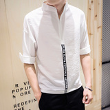 夏季青年套头衬衫男宽松时尚透气简约白色韩版七分袖立领潮男衬衣