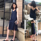 2016夏季韩版深蓝竖条纹V领性感气质开叉露背中长款吊带连衣裙女