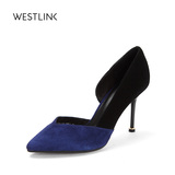 Westlink西遇女鞋2016春季新款真皮拼接尖头浅口侧空高跟鞋女空鞋