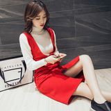 韩版针织连衣裙早春女装新款纯色打底毛衣+背带裙长款两件套装