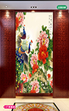 玄关竖版孔雀牡丹花壁画过道花开富贵背景墙画大型走廊富贵装饰画