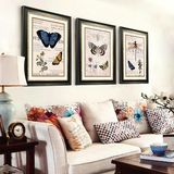 美式客厅装饰画 现代沙发背景墙挂画 自然乡村蝴蝶三联有框壁画