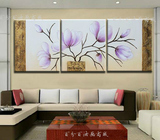 纯手绘油画客厅卧室餐厅沙发背景墙花卉横版三联组合装饰画