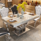 现代大理石餐桌 欧式不锈钢餐台 简约长方形不锈钢6人餐桌椅组合