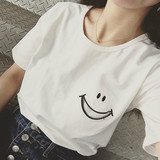 2016春夏韩版新款口袋刺绣舌头创意笑脸纯棉显瘦圆领短袖T恤女