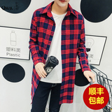 2016秋装中长款格子衬衣韩版修身印花男时尚长袖衬衫外套上衣男