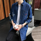 男士牛仔长袖衬衫2016秋装青年韩版长款外套休闲百搭字母印花潮装
