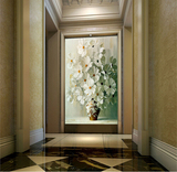 3D立体玄关壁画走廊过道墙纸装饰画 竖版 欧式 白玫瑰花瓶墙纸