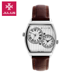 Julius正品牌表 韩国真牛皮带手表酒桶型双机芯双显防水石英男表