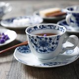 热卖日本进口 蓝凛堂 创意青花釉下花边 高轻量强化瓷 咖啡杯碟套