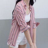 2016秋季韩版宽松大码翻领口袋粉色竖条纹雪纺衬衫女长袖休闲衬衣