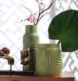 现代新中式创意陶瓷绿色树叶纹花瓶摆件 餐厅酒店餐桌花插装饰品