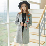 女外套冬韩版2015新款时尚修身显瘦中长款毛呢刺绣外套包邮折扣
