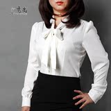 韩版春款女装加肥加大码胖MM蝴蝶结衬衫长袖职业白色女士修身衬衣