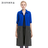Zopin作品2015春秋新款撞色拼接格子五分袖修身连衣裙拉链外套