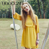UGOCCAM2016夏季新款女装时尚优雅圆领七分袖高腰显瘦黄色连衣裙
